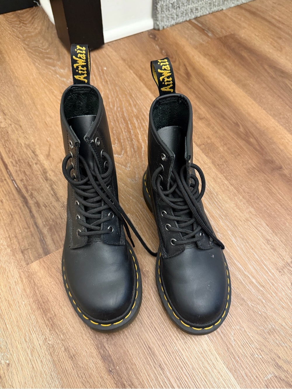 Dr. Martens Black Leather Lace-Up Boots with Yellow Stitching